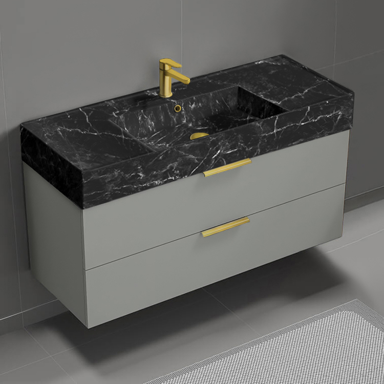 Bathroom Vanity Floating Bathroom Vanity, Modern, 48 Inch, Black Marble Style Sink, Gold Handles Nameeks DERIN939
